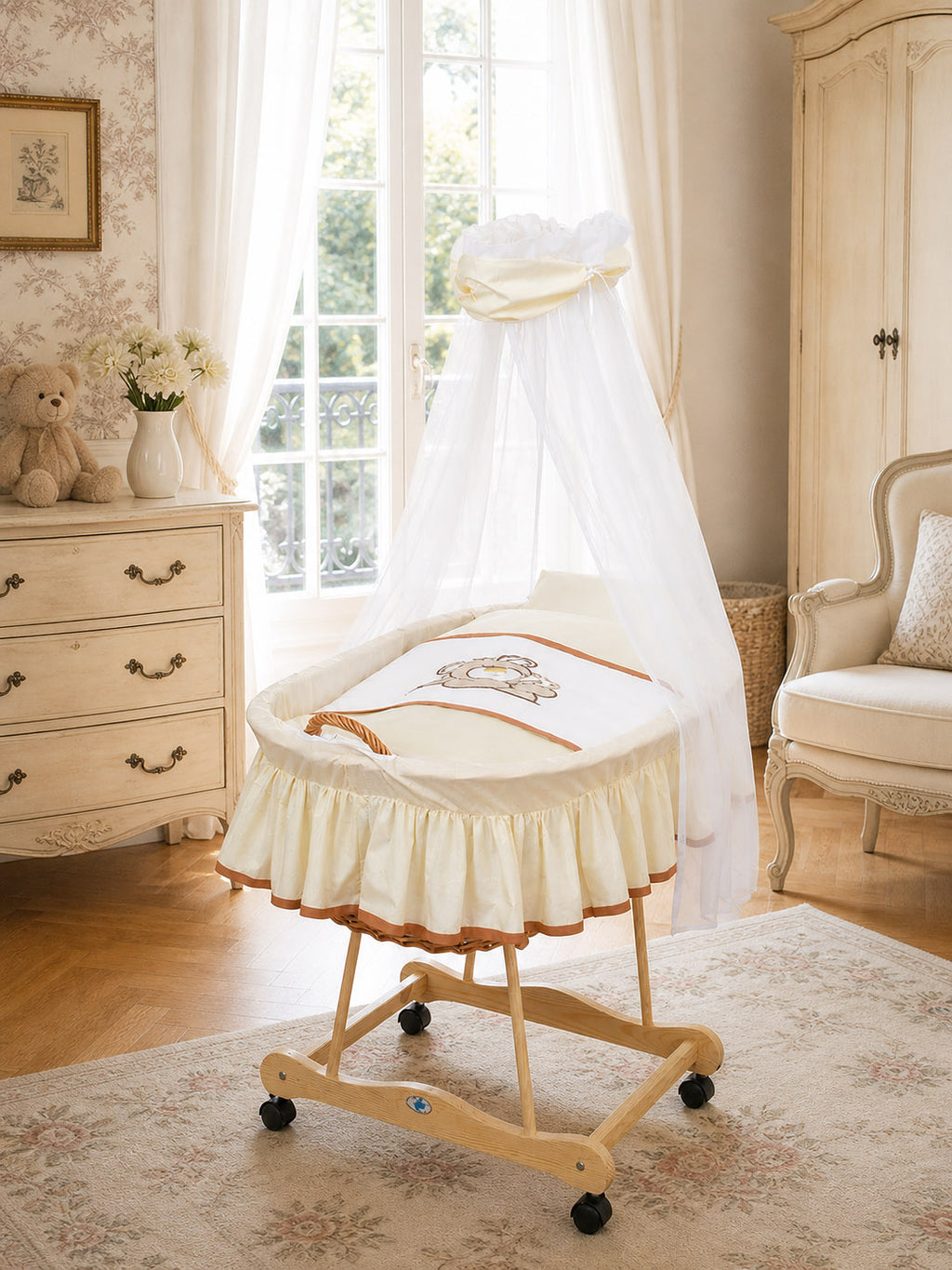Moses Basket Wicker drape crib Teddy Bear Barnaba - natural + cream bedding
