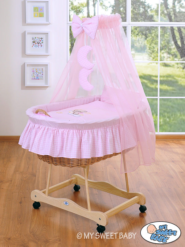 Moses Basket Wicker drape crib Good night - natural + pink bedding