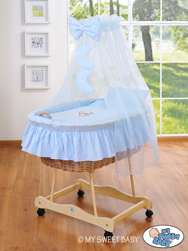 Moses Basket Wicker drape crib Good night - natural + blue bedding