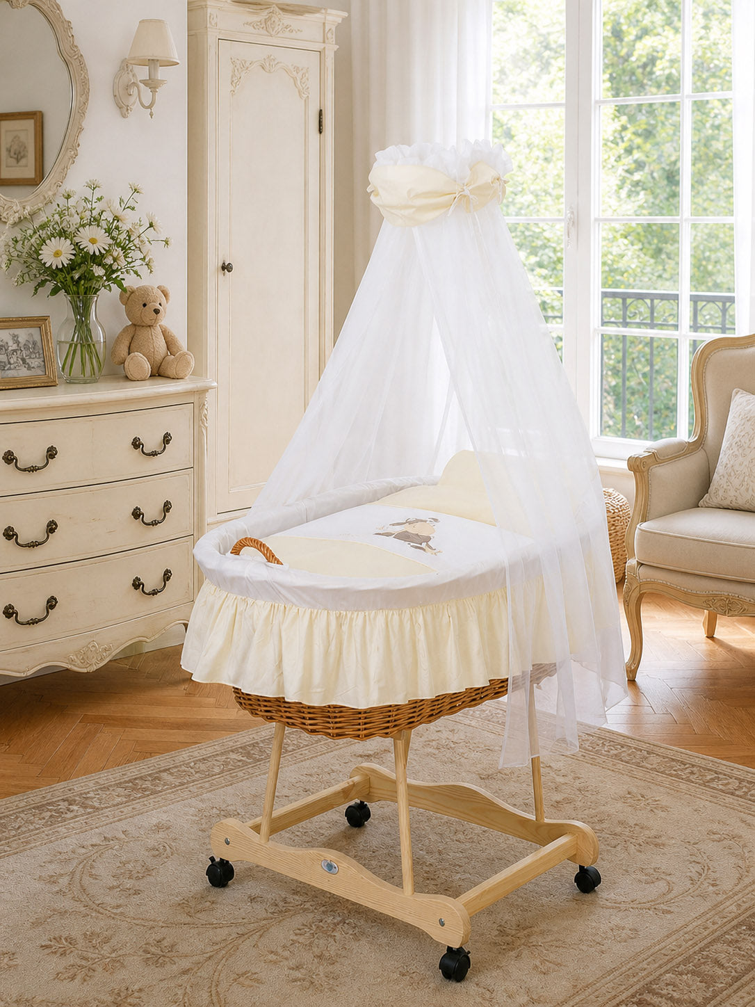 Moses Basket Wicker drape crib Donkey Luca - natural + cream bedding
