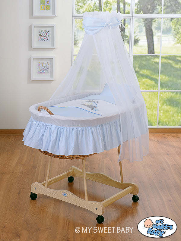 Moses Basket Wicker drape crib Donkey Luca - natural + blue bedding