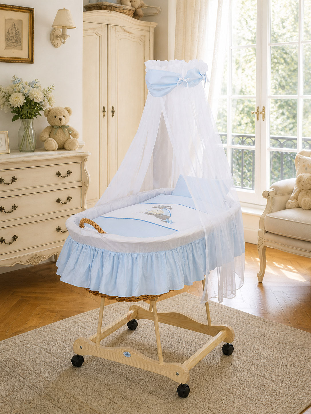 Moses Basket Wicker drape crib Donkey Luca - natural + blue bedding