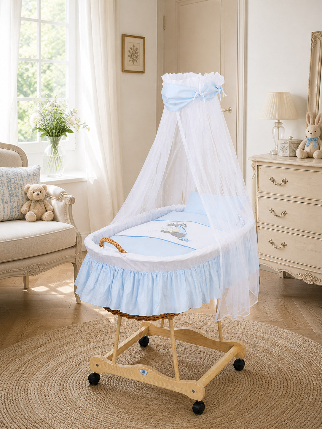 Moses Basket Wicker drape crib Donkey Luca - natural + blue bedding