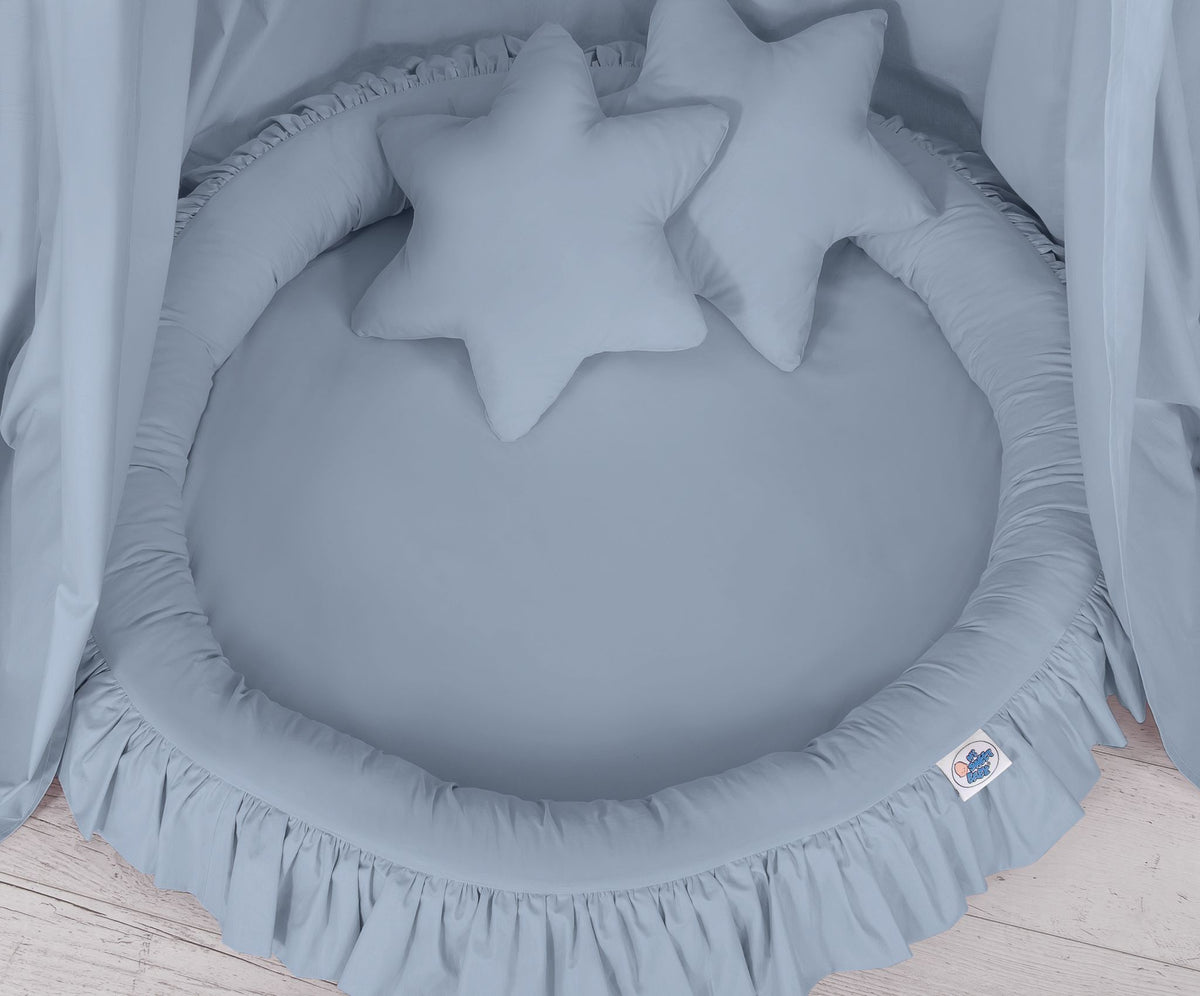 Set: Hanging baldachin for children's room cotton + nest with flounce + pillows - pastel blue