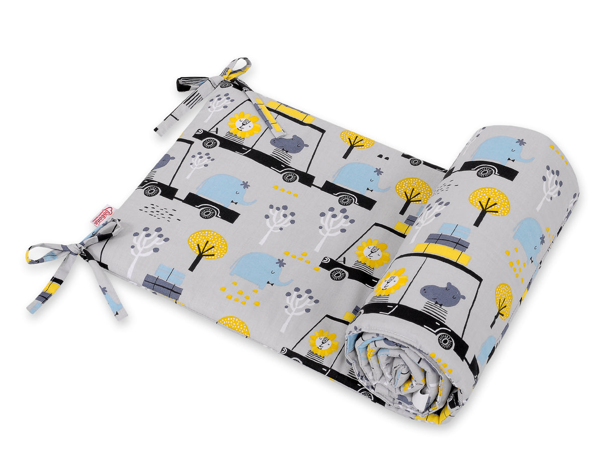 Universal bumper for cot - animals in cars gray