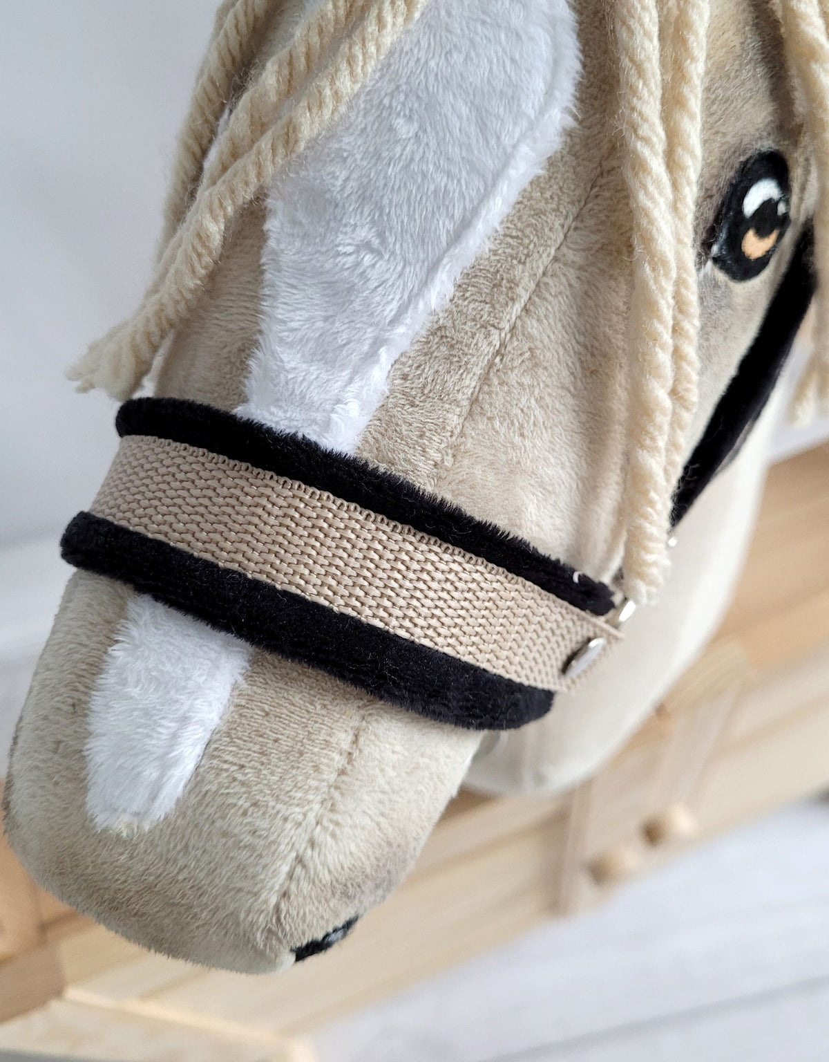 Set for Hobby Horse: the halter A3 with black furry + Tether made of cord - black-beige