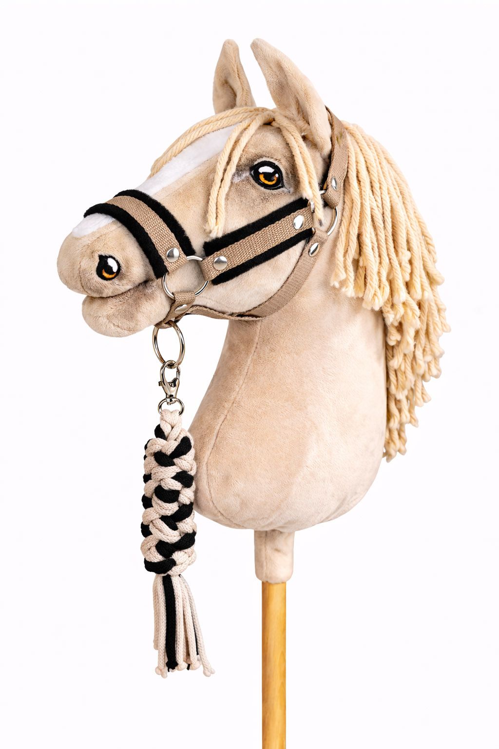 Set for Hobby Horse: the halter A3 with black furry + Tether made of cord - black-beige