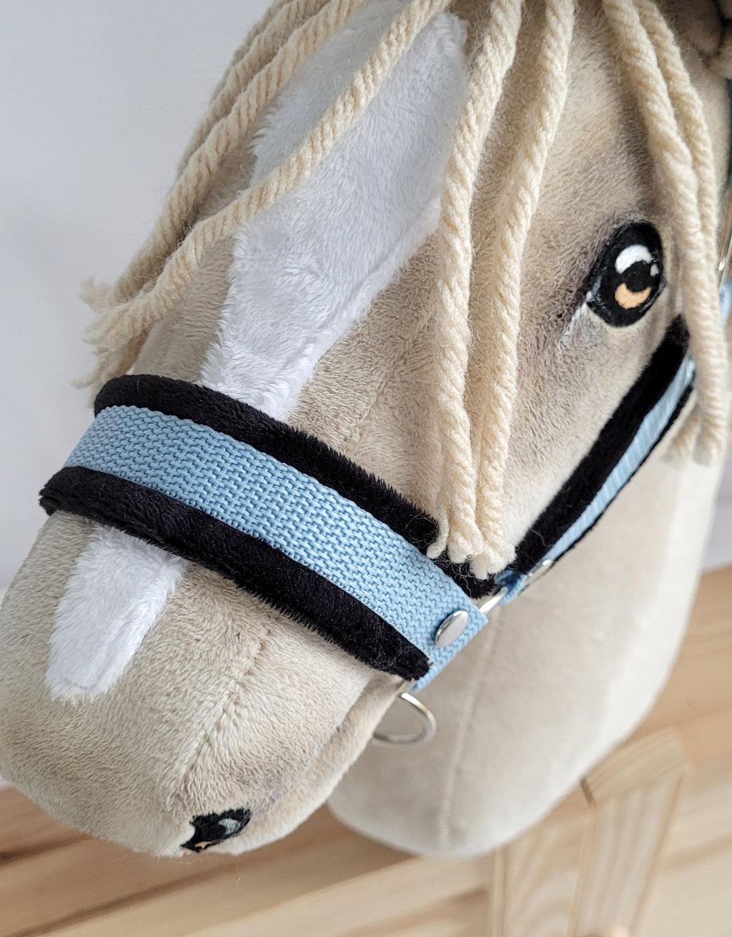 Set for Hobby Horse: the halter A3 with black furry + Tether made of cord - black-light blue