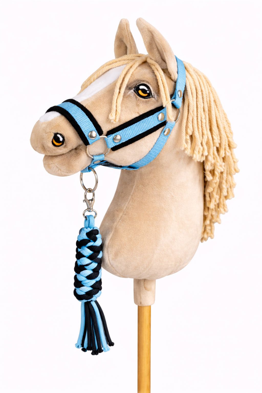 Set for Hobby Horse: the halter A3 with black furry + Tether made of cord - black-light blue