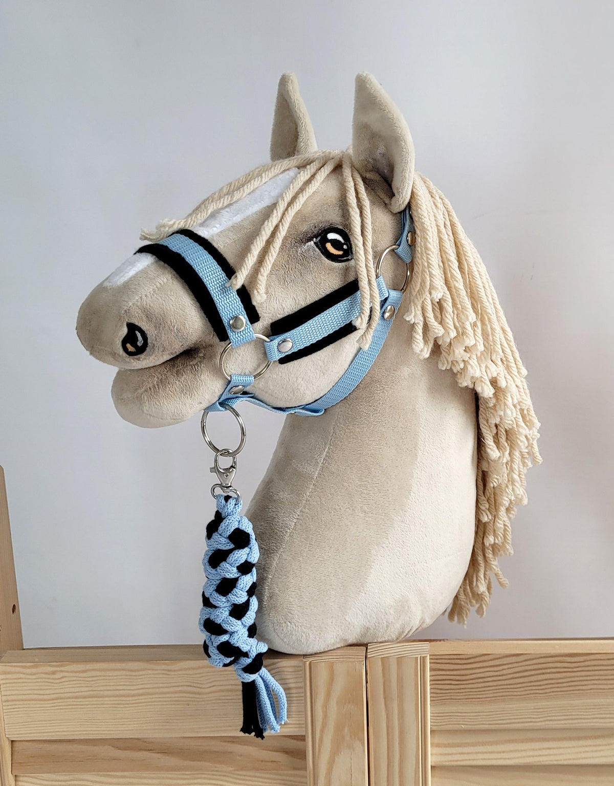 Set for Hobby Horse: the halter A3 with black furry + Tether made of cord - black-light blue
