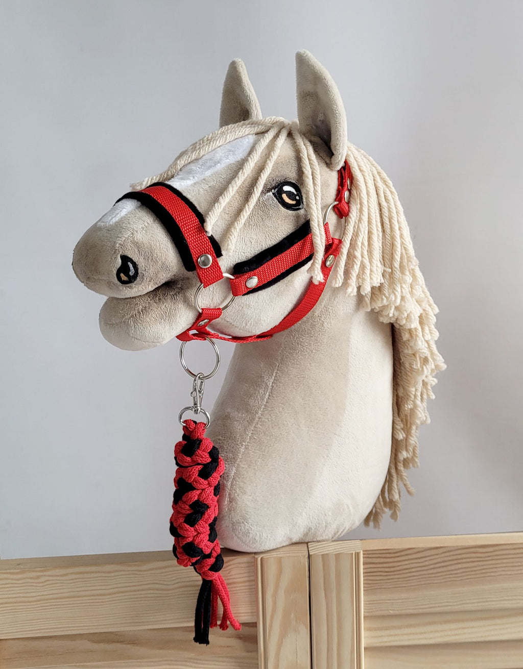 Set for Hobby Horse: the halter A3 with black furry + Tether made of cord - black-red