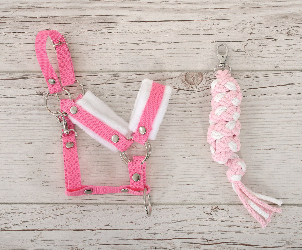 Set for Hobby Horse: the halter A3 with white furry + Tether made of cord - white-pink