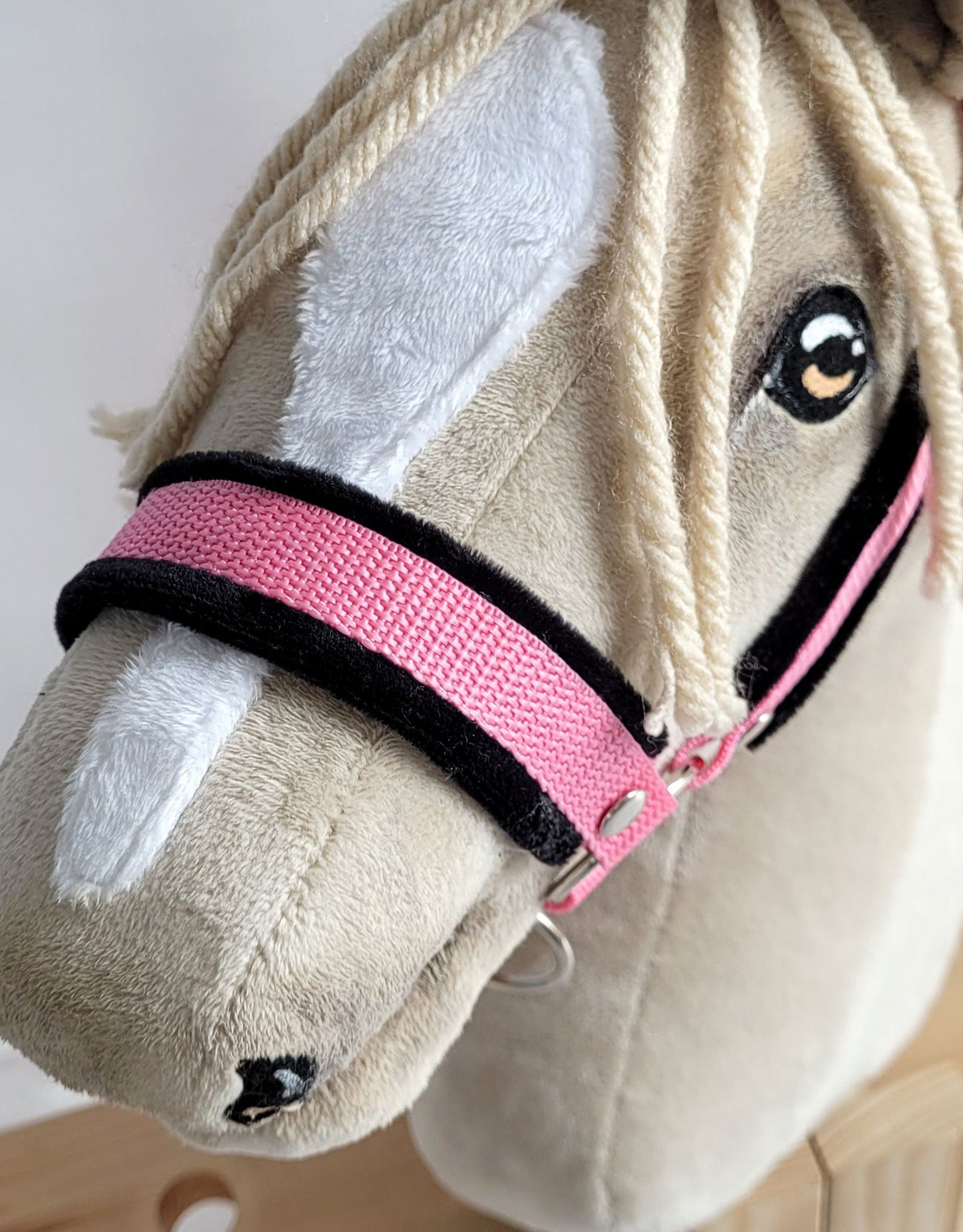Set for Hobby Horse: the halter A3 with black furry + Tether made of cord - black-pink
