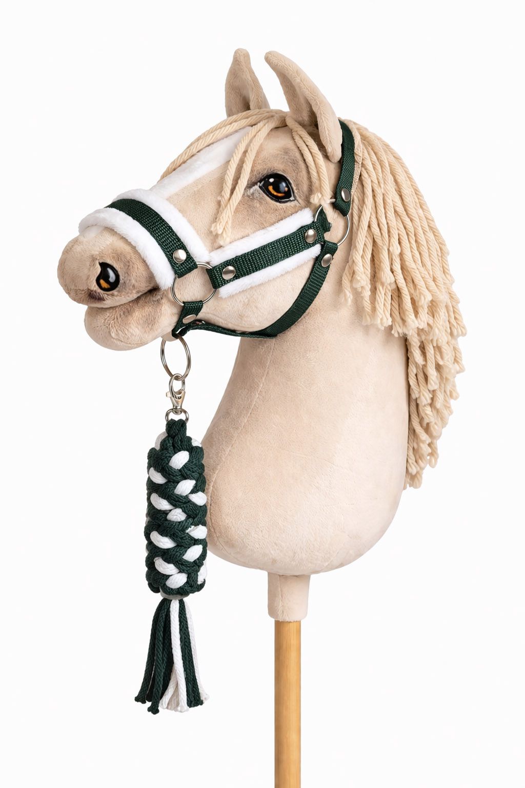 Set for Hobby Horse: the halter A3 with white furry + Tether made of cord - white-bottle green