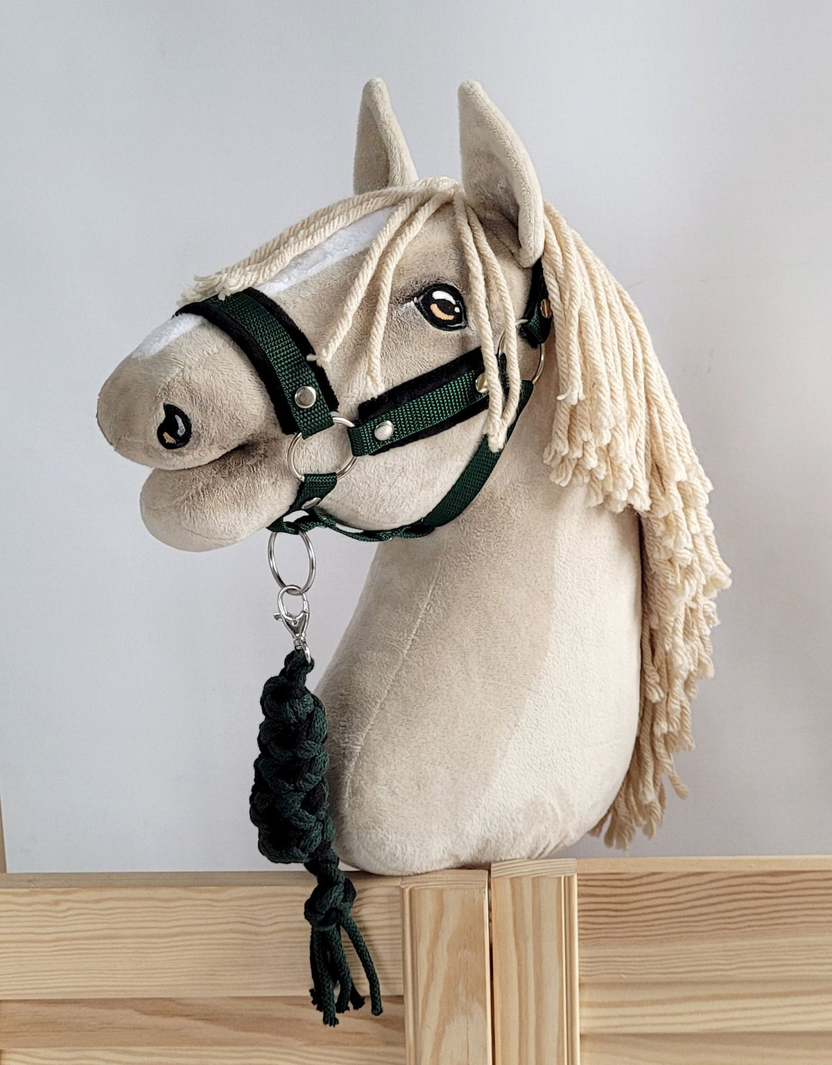 Set for Hobby Horse: the halter A3 with black furry + Tether made of cord - black-bottle green
