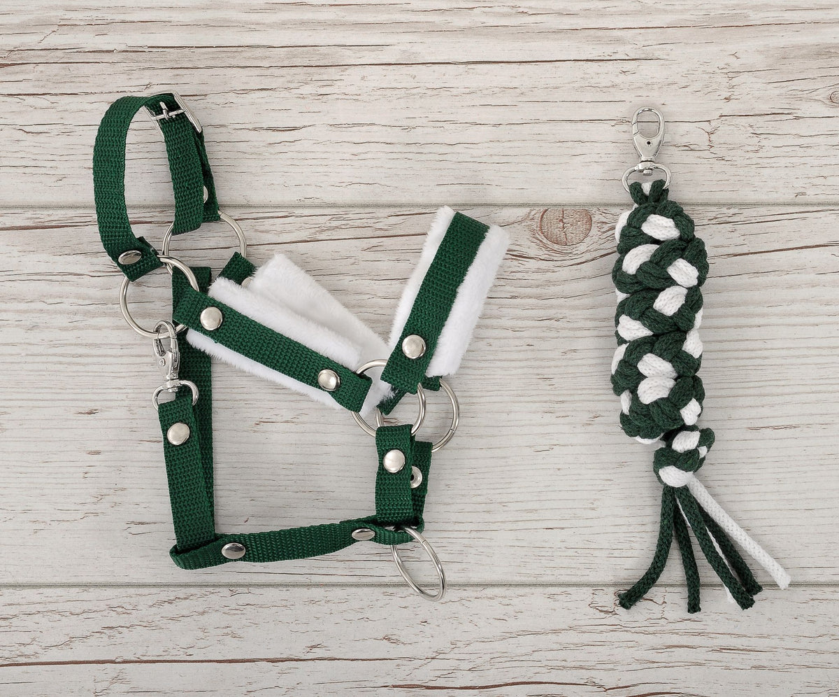 Set for Hobby Horse: the halter A3 with white furry + Tether made of cord - white-bottle green