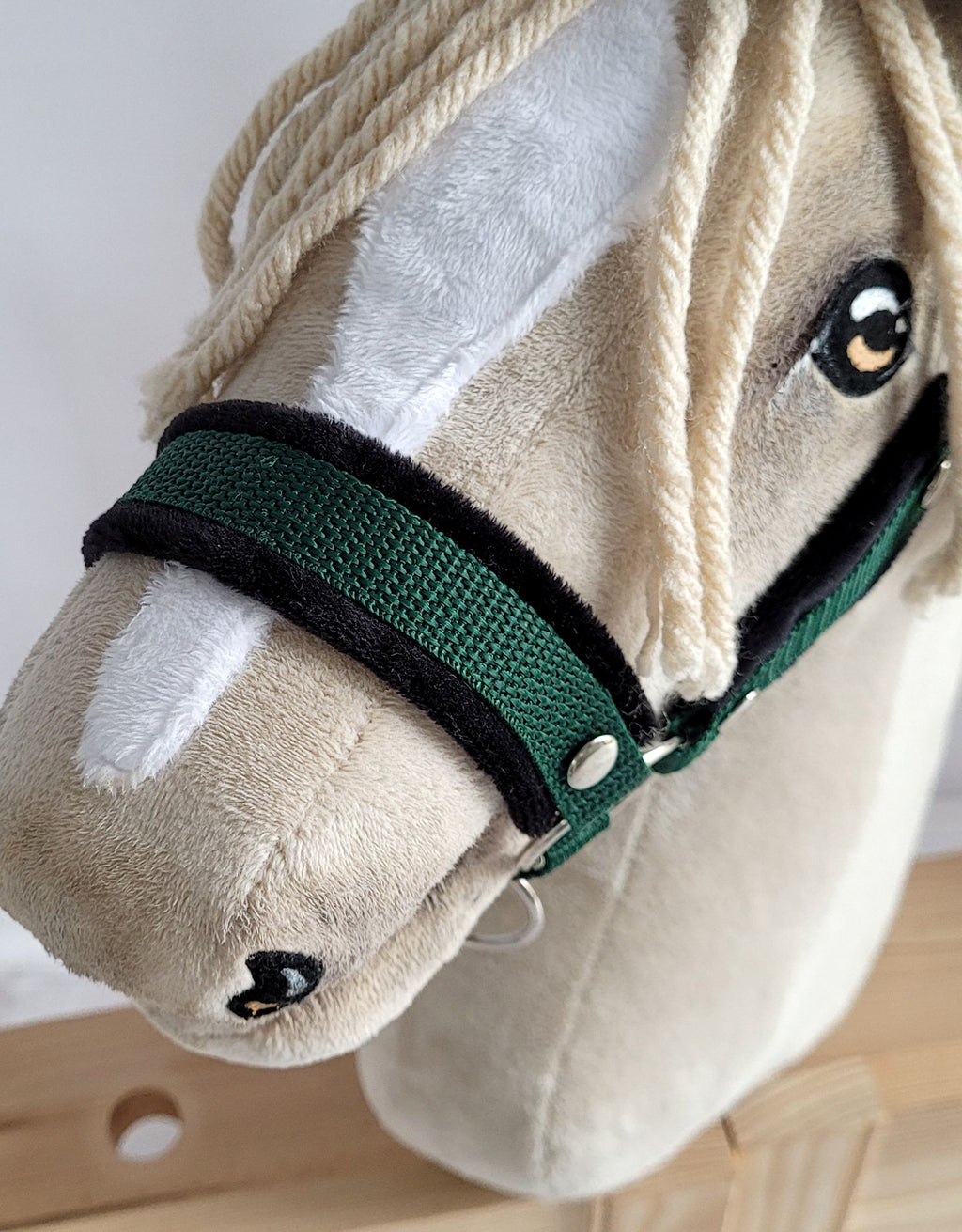 Set for Hobby Horse: the halter A3 with black furry + Tether made of cord - black-bottle green