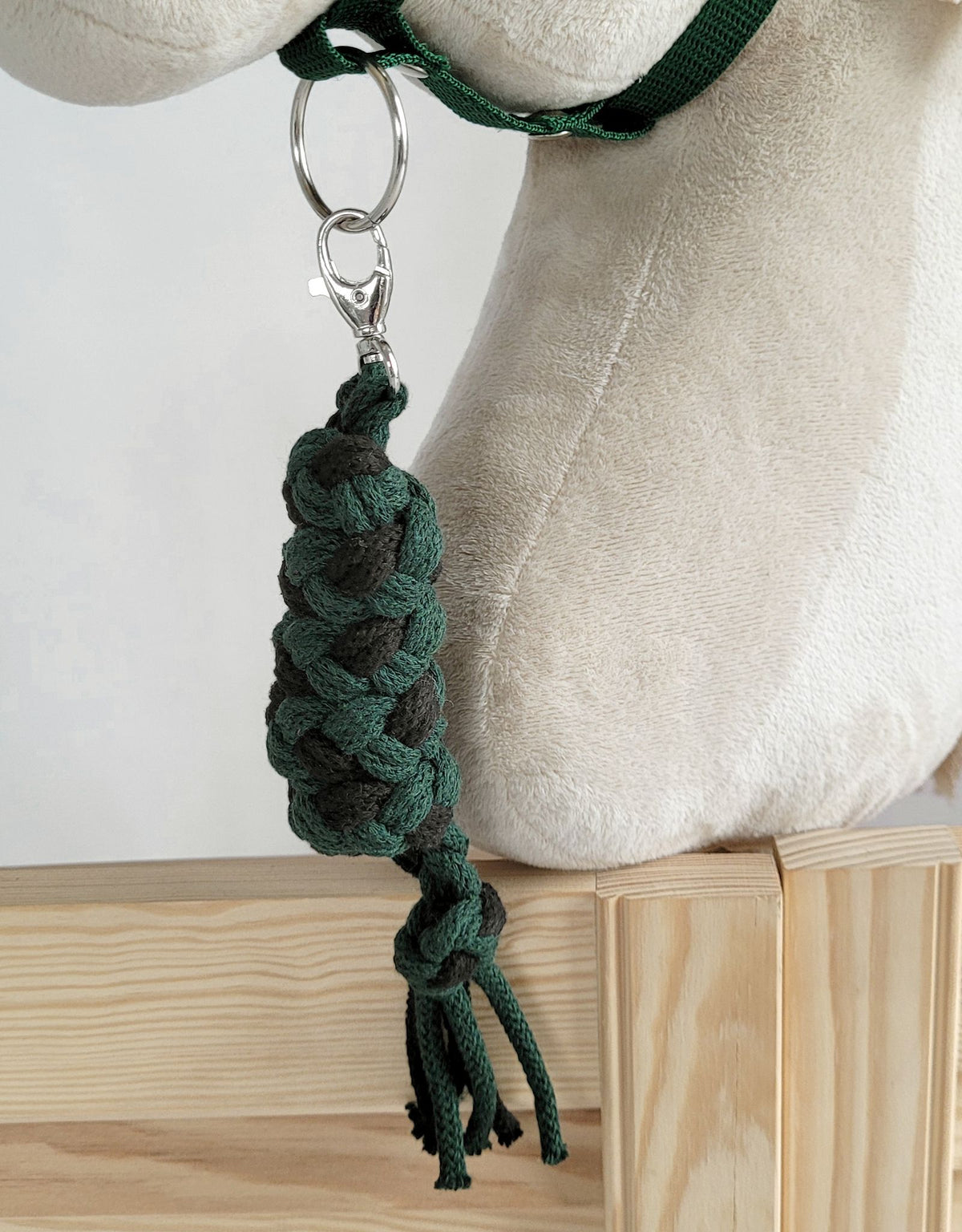 Set for Hobby Horse: the halter A3 with black furry + Tether made of cord - black-bottle green