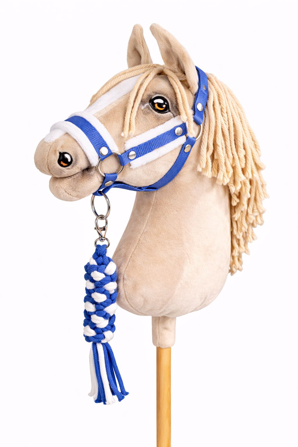 Set for Hobby Horse: the halter A3 with white furry + Tether made of cord - white-blue