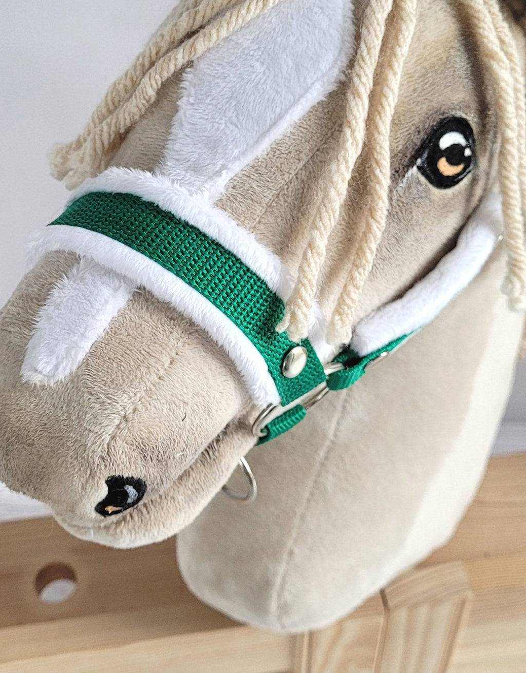 Set for Hobby Horse: the halter A3 with white furry + Tether made of cord - white-green