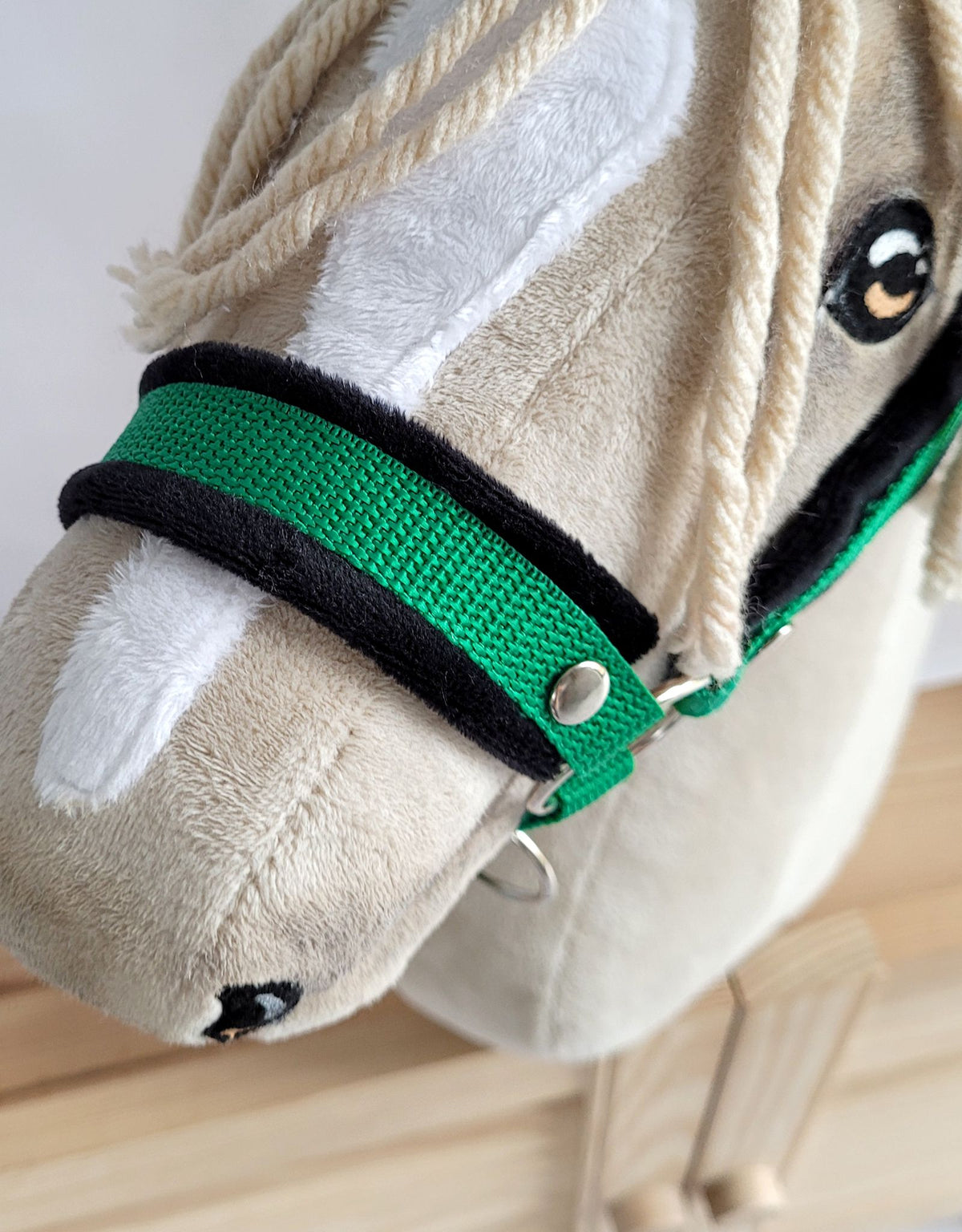 Set for Hobby Horse: the halter A3 with black furry + Tether made of cord - black-green
