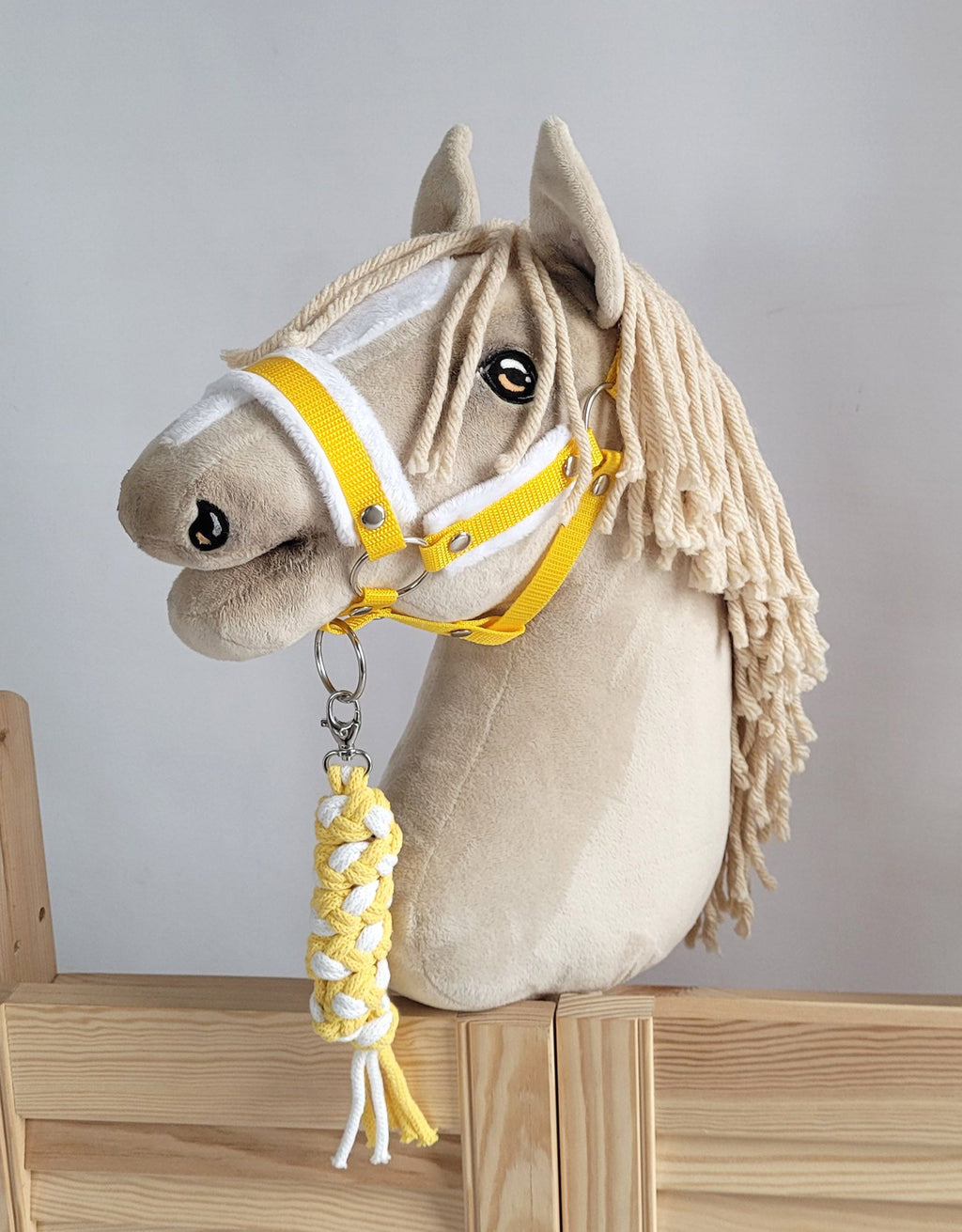 Set for Hobby Horse: the halter A3 with white furry + Tether made of cord - white-yellow