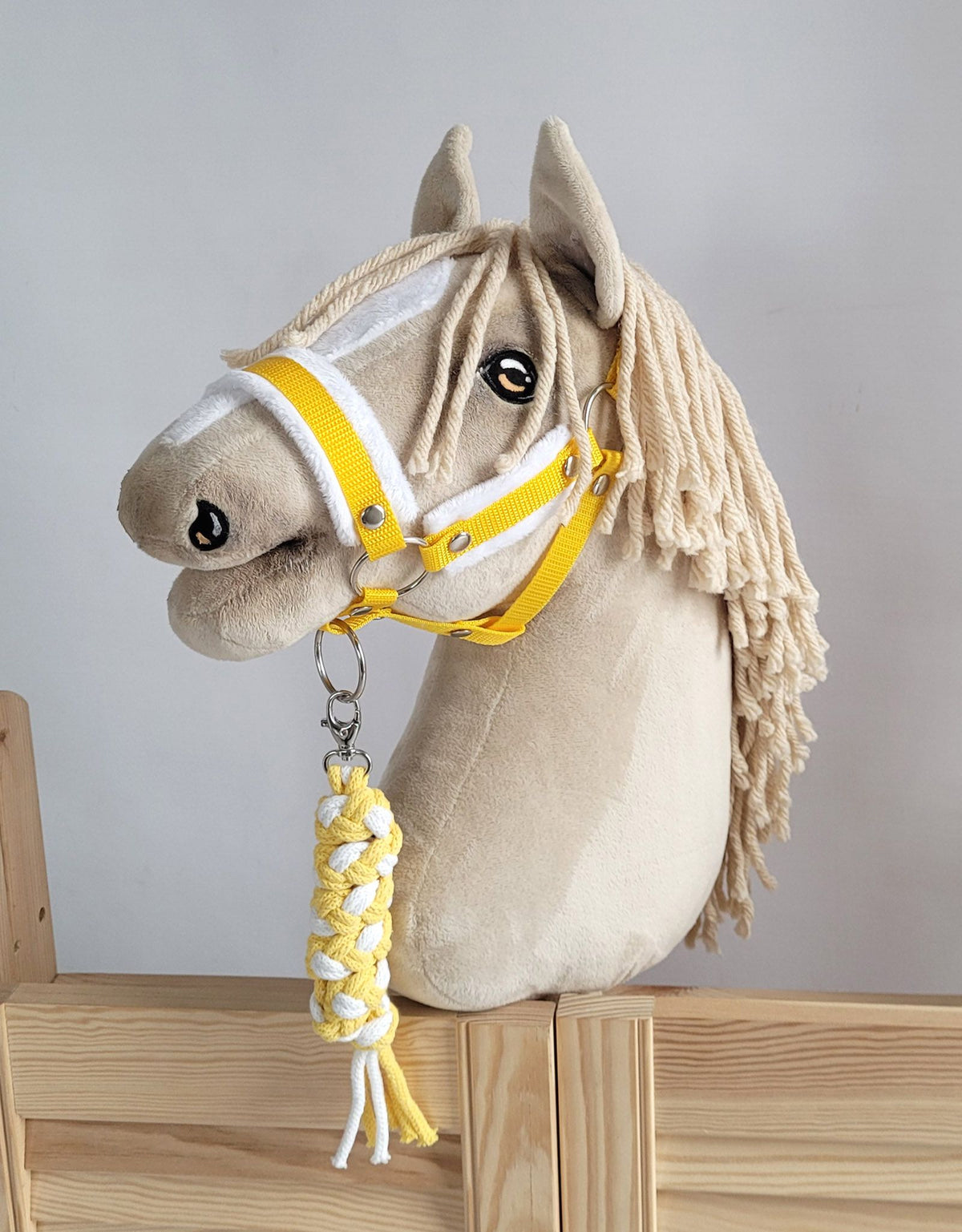 Set for Hobby Horse: the halter A3 with white furry + Tether made of cord - white-yellow