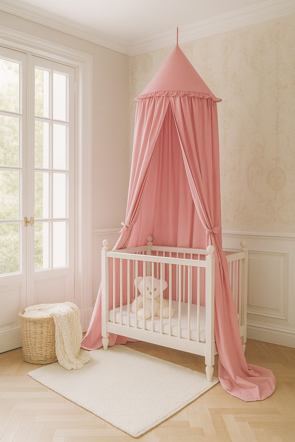 Hanging cotton canopy for children's room - pastel pink