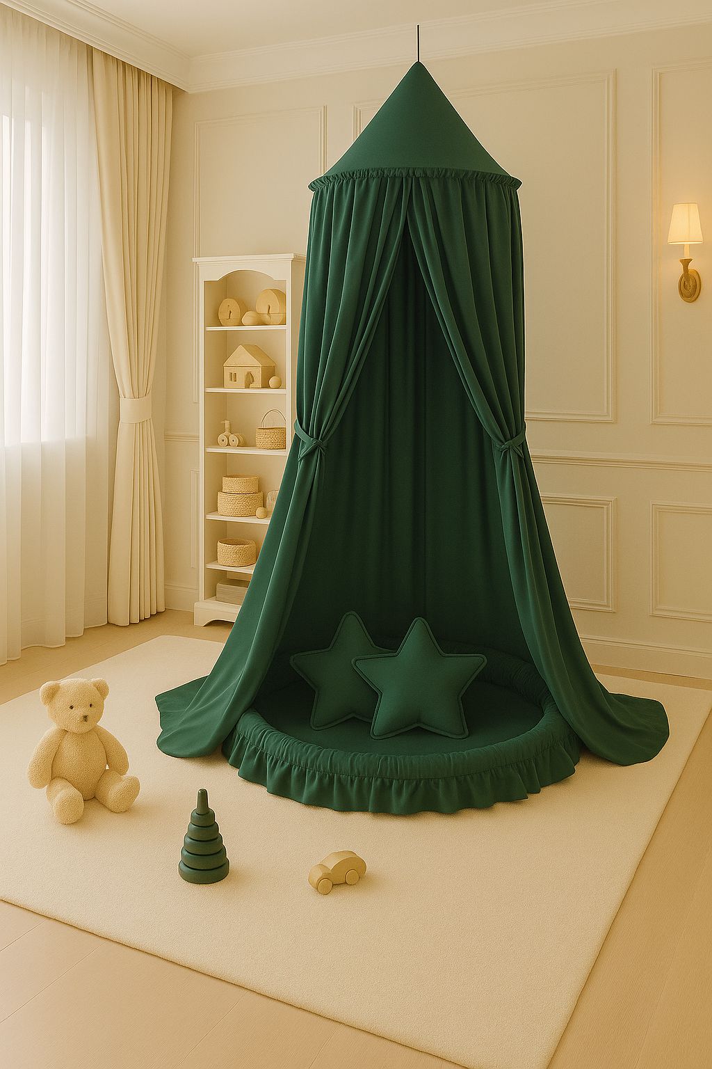Hanging cotton canopy for children's room - bottle green