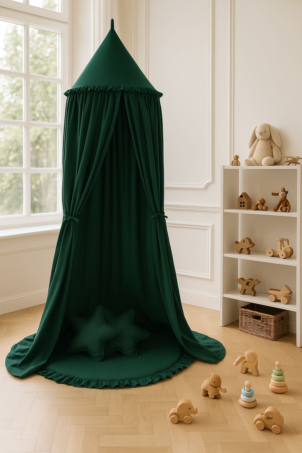 Hanging cotton canopy for children's room - bottle green