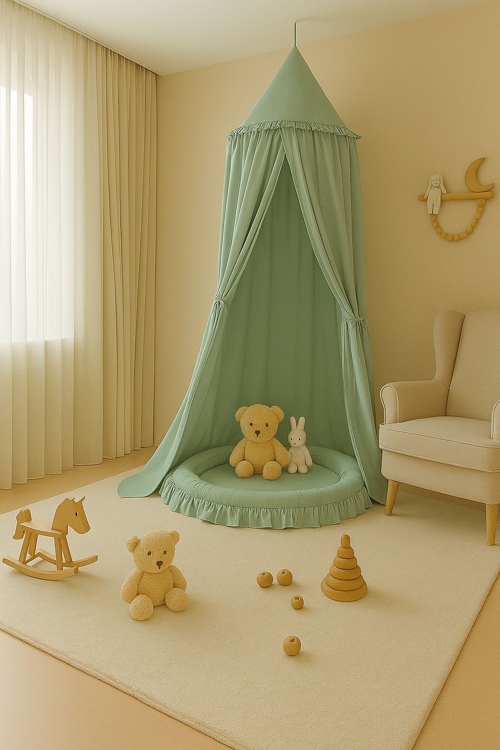 Hanging cotton canopy for children's room - pastelgreen