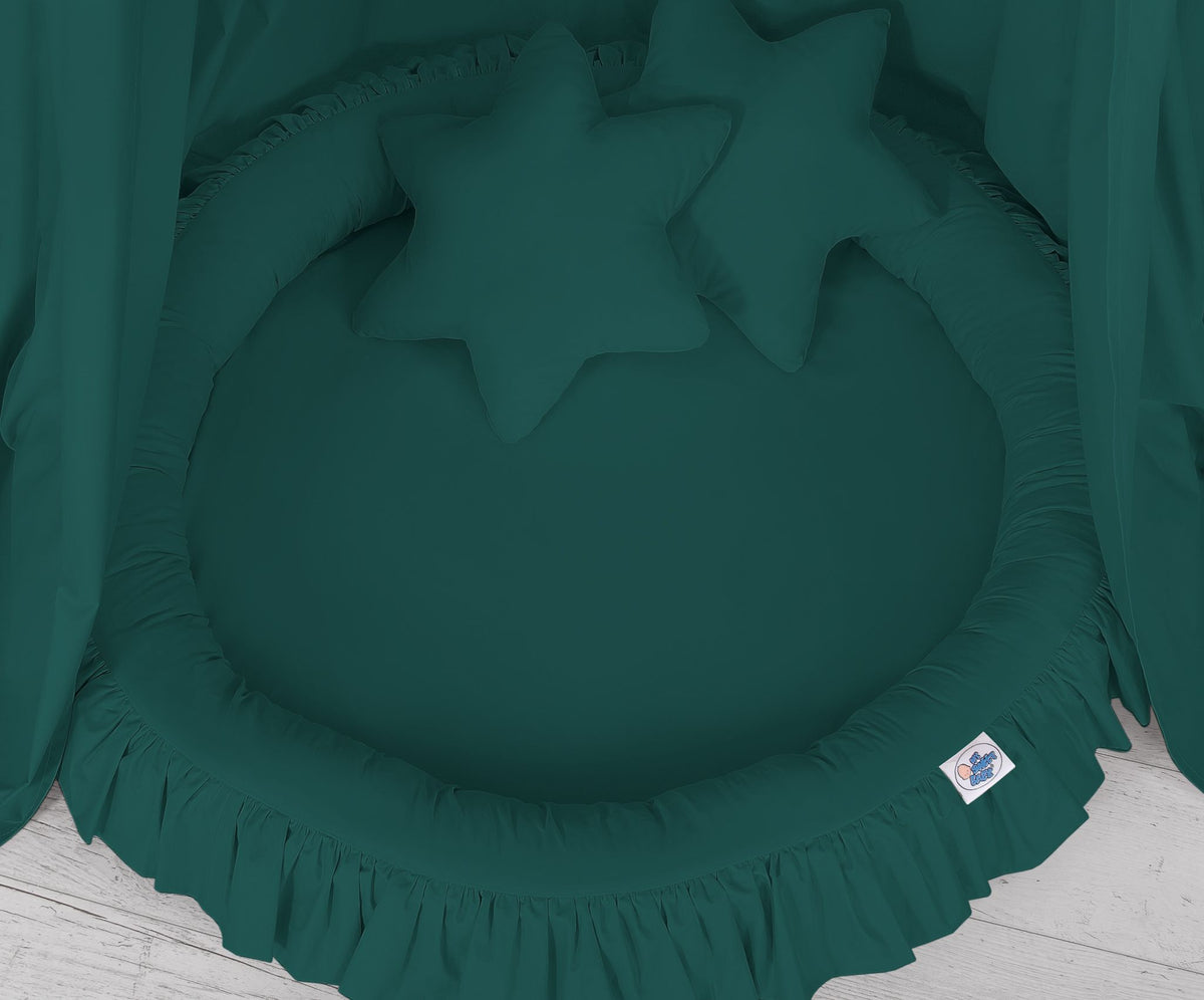 Set: Hanging baldachin for children's room cotton + nest with flounce + pillows - bottle green
