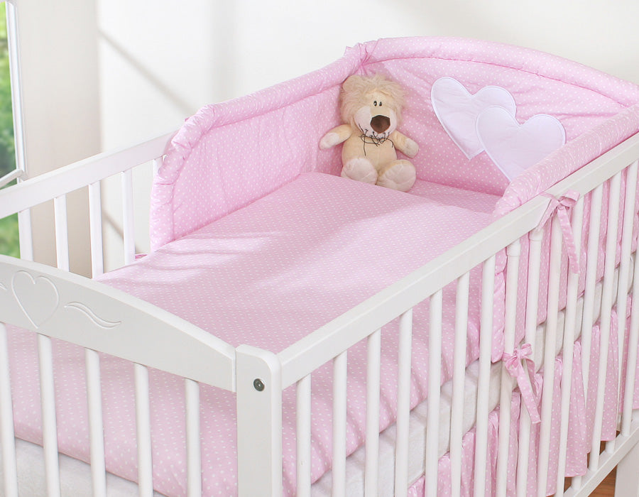 Universal crib rail bumper – Hearts white dots on pink