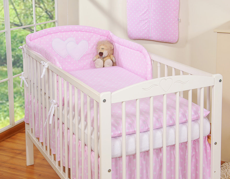 Universal crib rail bumper – Hearts white polka dots on pink