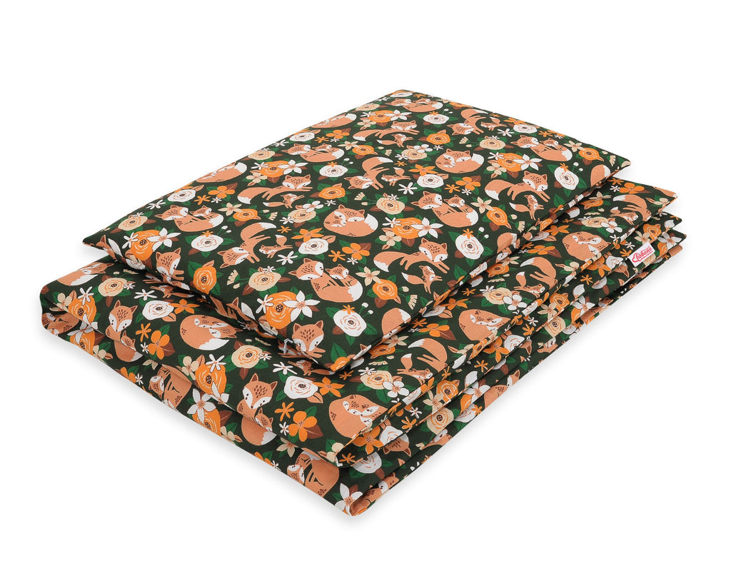 Baby cotton bedding set 2-pcs 135x100 cm- fox family on the green