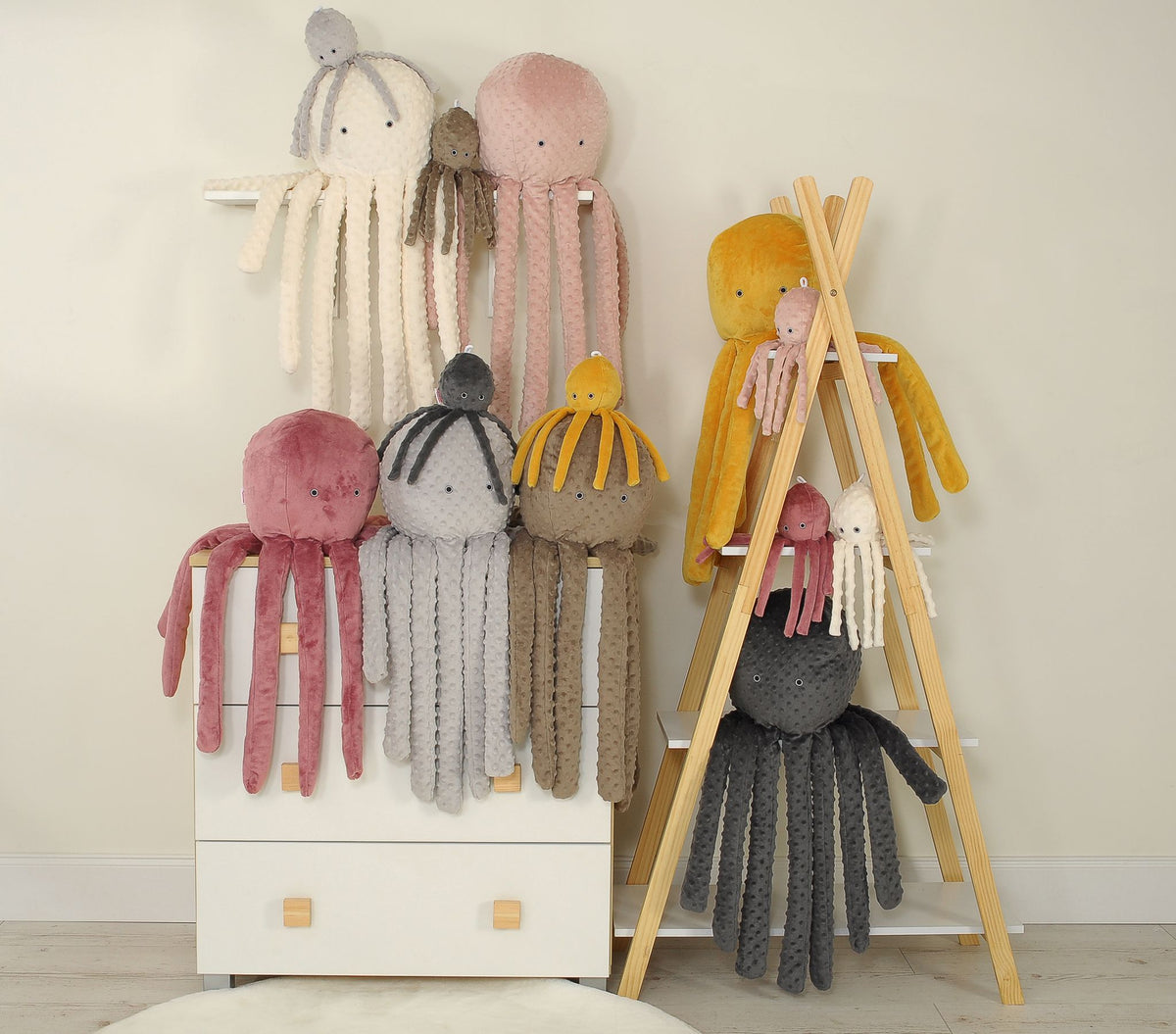Cuddly octopus with rattle - cream - polka dot minky