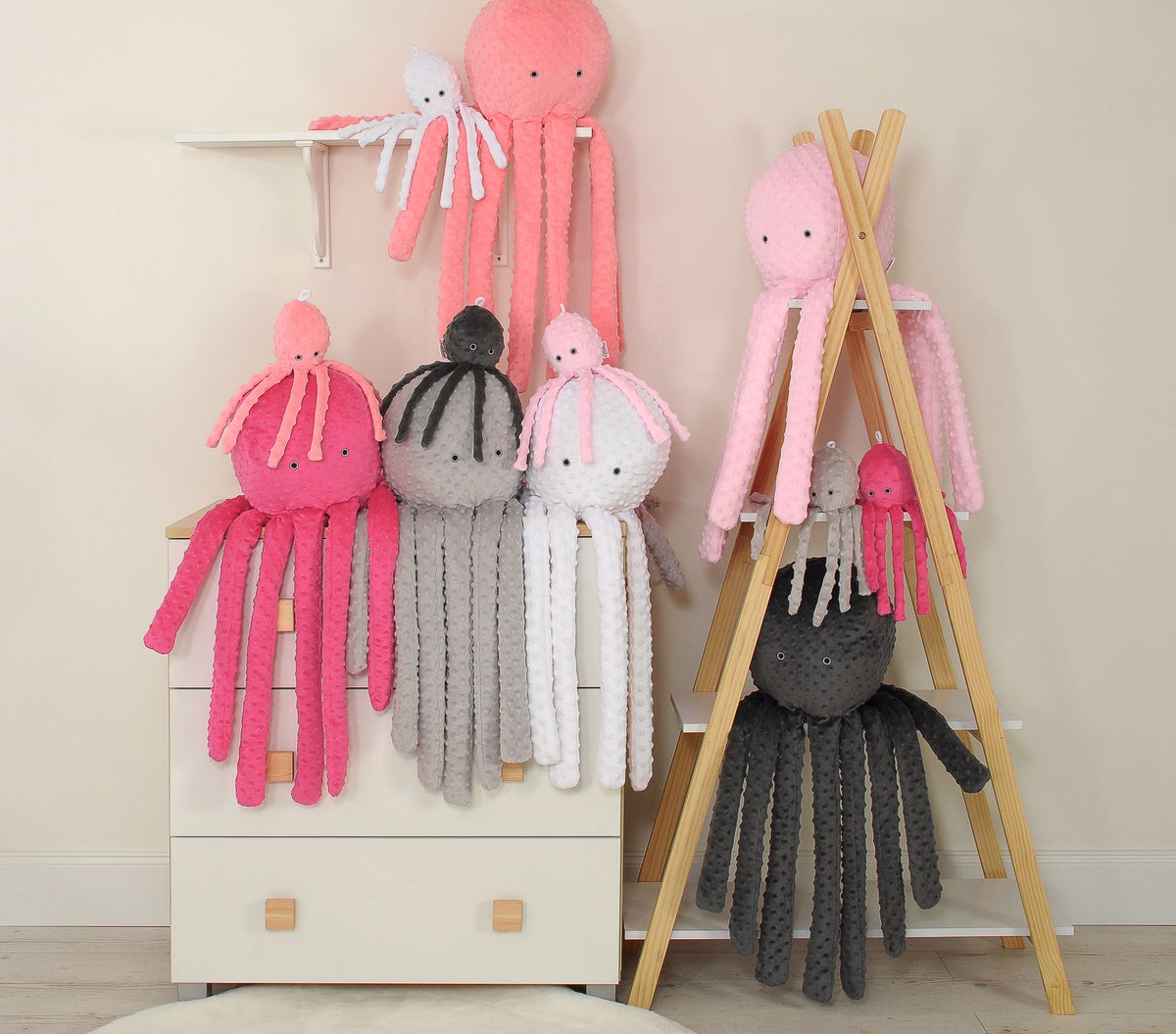 Cuddly octopus big - coral - polka dot minky