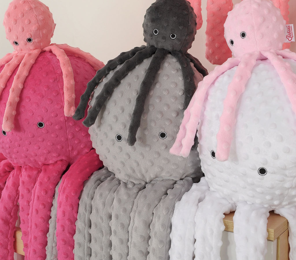 Cuddly octopus with rattle - anthracite - polka dot minky