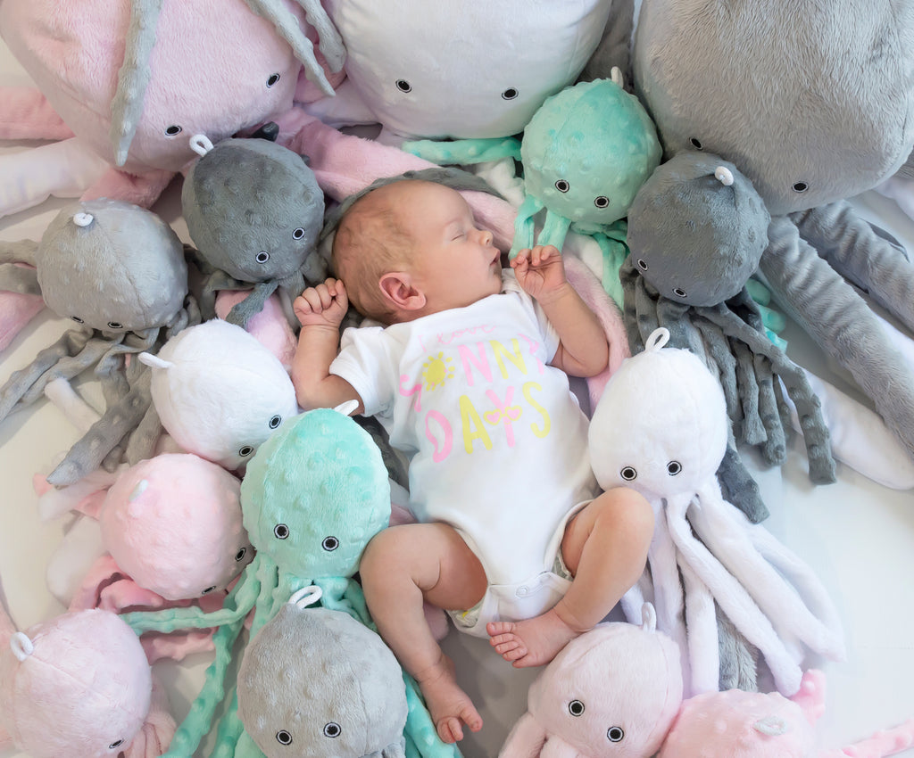 Cuddly octopus with rattle - white -polka dot minky