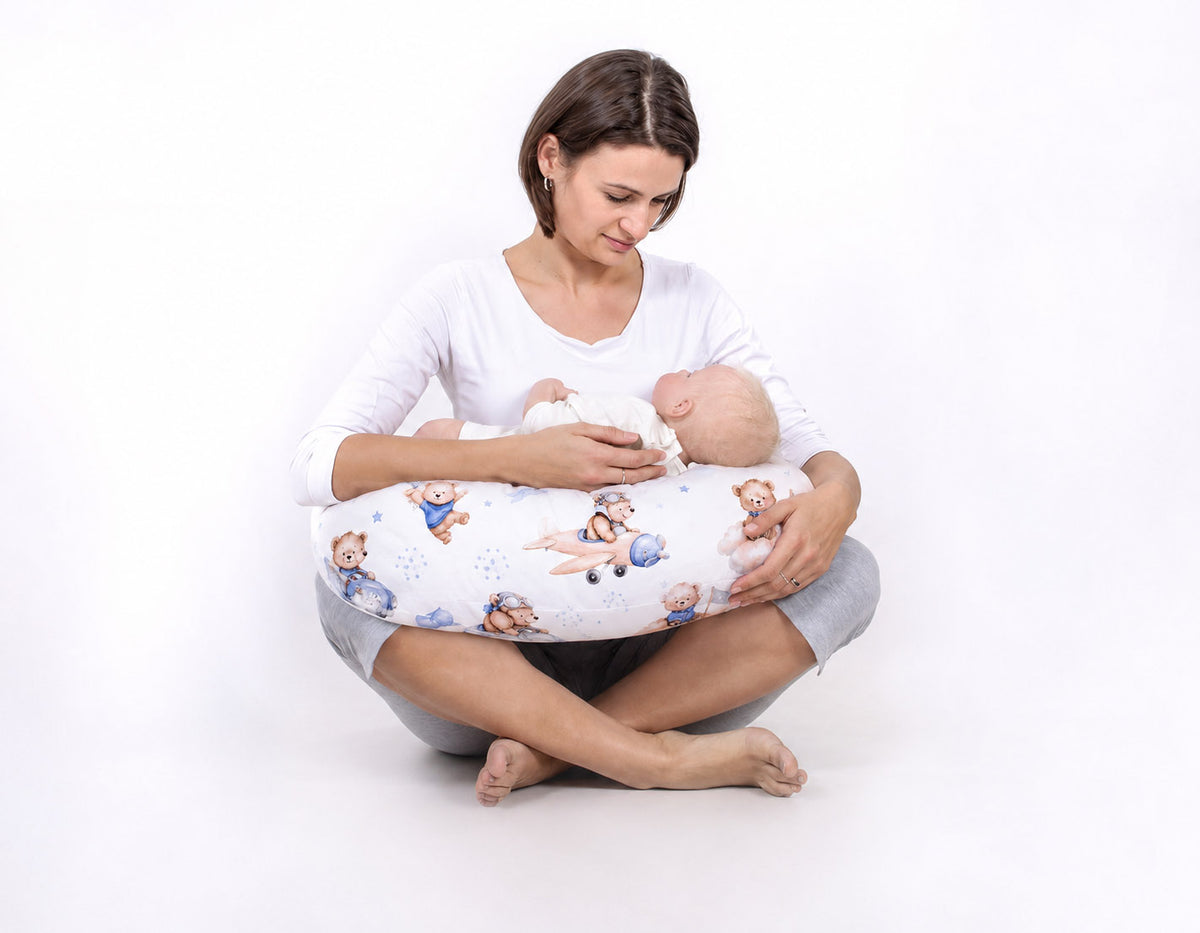 Breastfeeding Pillow Nursing Croissant Pillow, removable, Hands-Free Feeding- Blue Sky Bears