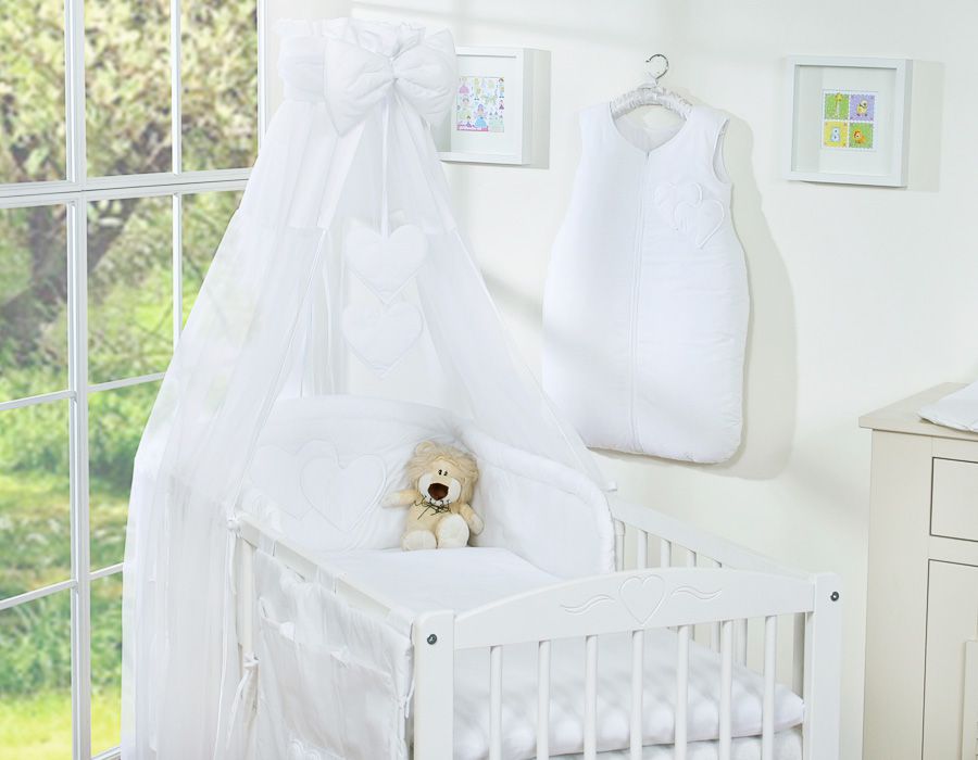 Bedding set 5-pcs 135x100 with canopy - Hanging Hearts white