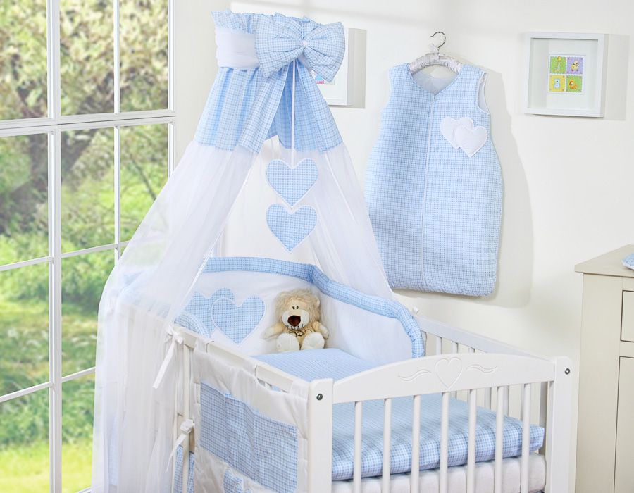 Bedding set 5-pcs 120x90 with canopy - Hanging Hearts blue checkered