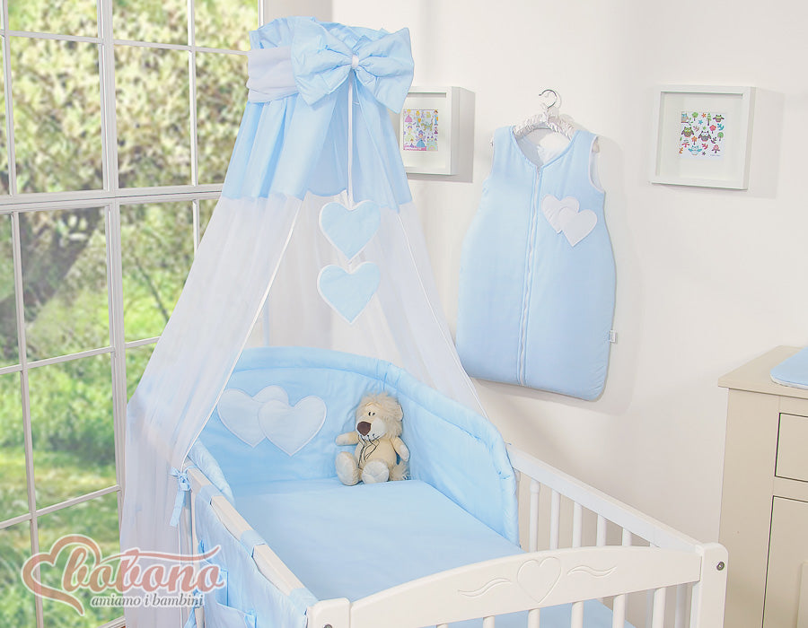 Bedding set 5-pcs 135x100 with canopy - Hanging Hearts blue strips