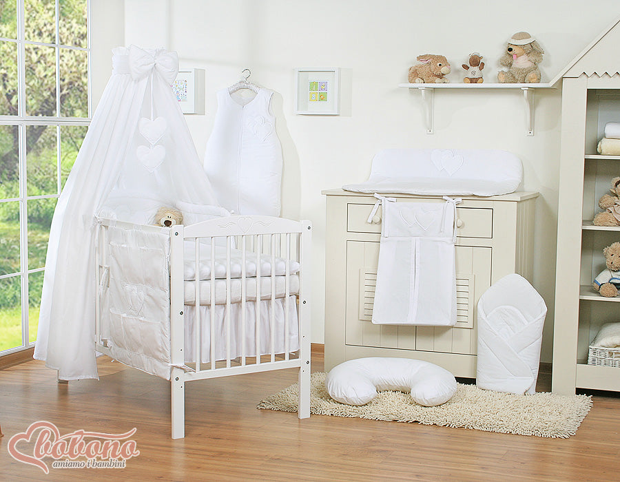 Bedding set 5-pcs 120x90 with canopy - Hanging Hearts white