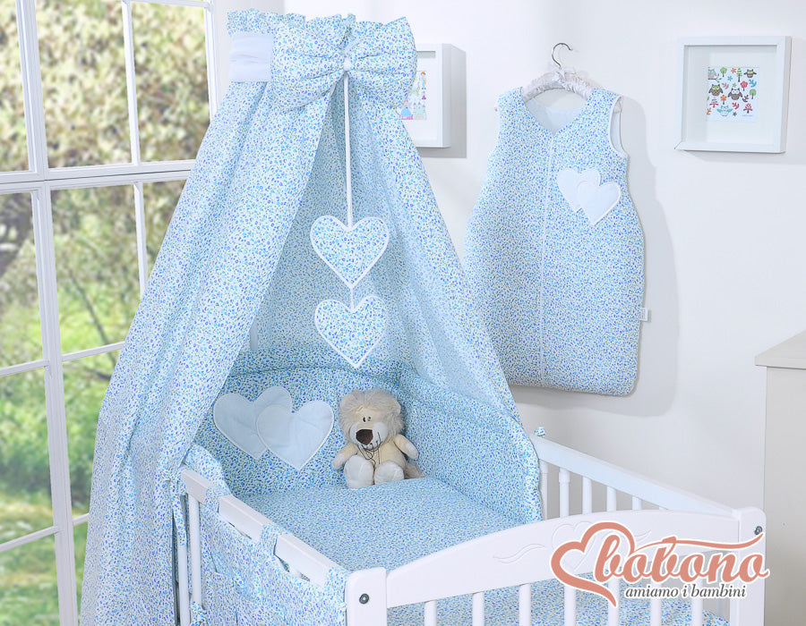 Bedding set 5-pcs 120x90 with canopy - Hanging Hearts little blue flowers