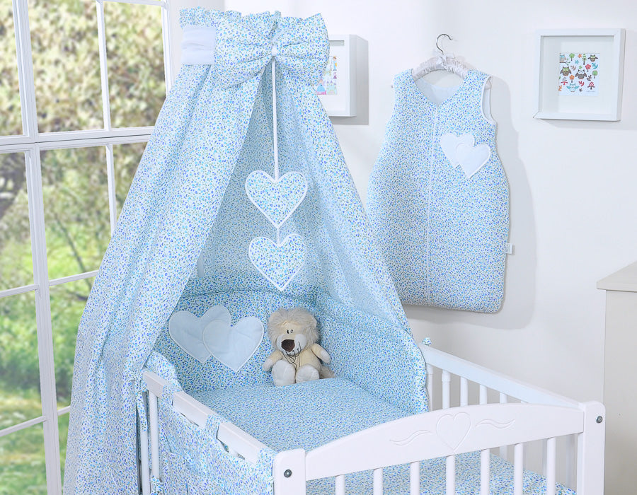 Bedding set 5-pcs 120x90 with canopy - Hanging Hearts little blue flowers