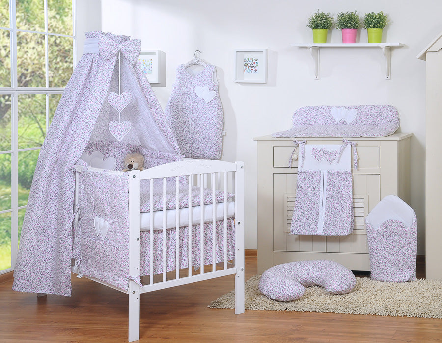 Bedding set 5-pcs 135x100 with canopy - Hanging Hearts little pink flowers