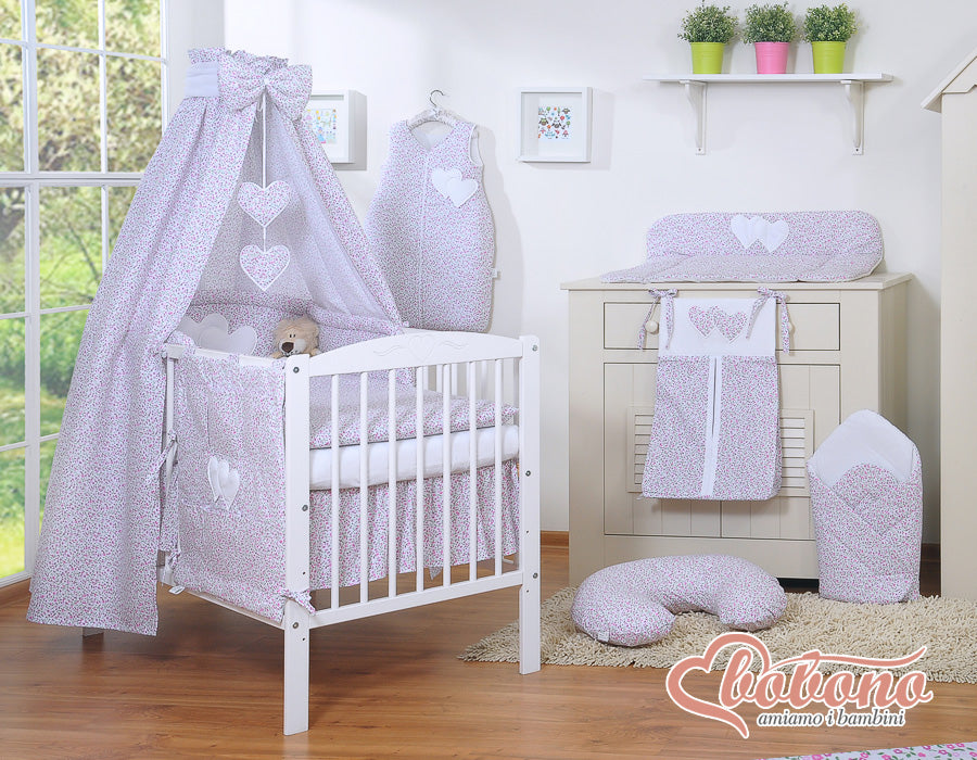 Bedding set 5-pcs 120x90 with canopy - Hanging Hearts little pink flowers