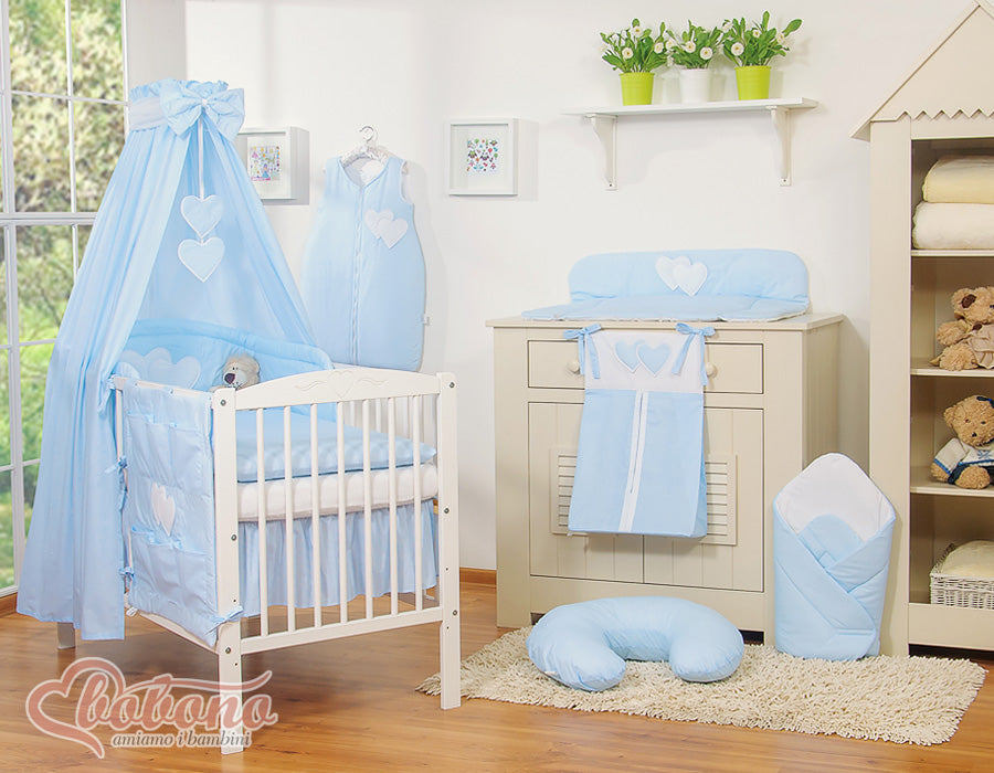Bedding set 5-pcs 135x100 with canopy - Hanging Hearts blue strips