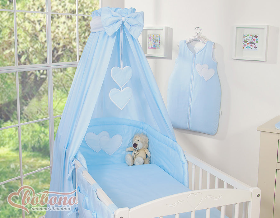 Bedding set 5-pcs 135x100 with canopy - Hanging Hearts blue strips